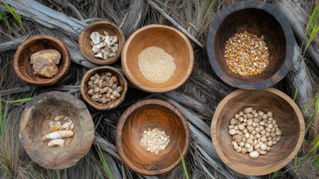 A captivating arrangement of assorted natural ingredients showcased in beautifully crafted wooden bowls. This rustic display emphasizes texture and earthy colors, perfect for food styling or culinary inspiration.の素材