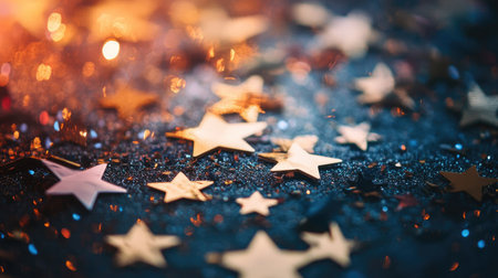 The image captures a beautiful array of golden stars scattered across a dark, glittering surface, creating a magical and enchanting ambiance perfect for celebrations.の素材