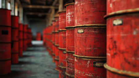This striking image features a row of weathered red industrial drums in a spacious warehouse. The soft focus emphasizes the texture and shapes, creating a captivating visual.の素材