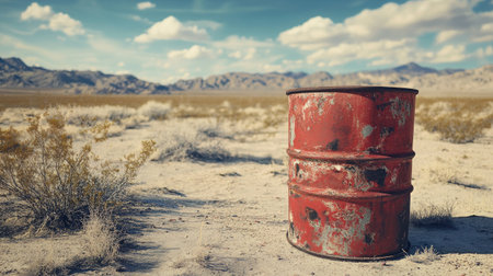 This image features a weathered red metal barrel standing in a dry desert landscape, surrounded by sparse vegetation, with majestic mountains in the background.の素材