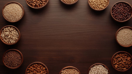 A picturesque arrangement of various seeds and nuts displayed in elegant brown bowls on a rustic wooden surface, showcasing health and nutrition themes.の素材