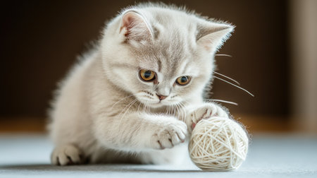 This delightful scene features a playful kitten exploring a soft yarn ball, showcasing its innocent curiosity and engaging nature during playtime.の素材