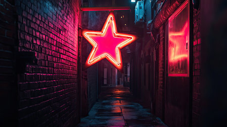 A captivating view of a neon star sign glowing in a narrow alleyway at night, showcasing vibrant colors against textured brick walls and reflections.の素材