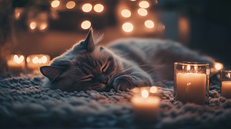 A tranquil scene featuring a sleeping cat surrounded by glowing candles, capturing the essence of a cozy, peaceful atmosphere in a softly lit room.の素材