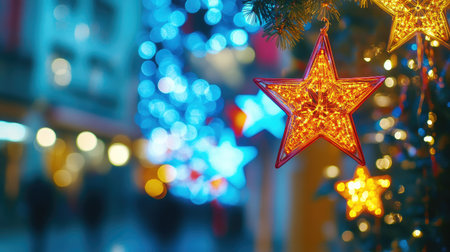A stunning close-up of brightly lit Christmas stars hanging on a tree, set against a vibrant bokeh background that captures the essence of holiday cheer.の素材