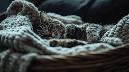 A serene scene of a tabby cat peacefully sleeping on a soft knit blanket inside a comfortable basket, embodying tranquility and warmth.の素材