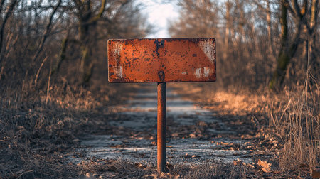 A weathered rusty sign stands alone on an abandoned path, surrounded by dry grass and trees, capturing the essence of a tranquil forest landscape.の素材