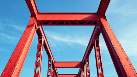 A striking image of a red metal bridge contrasts against a bright blue sky, showcasing its intricate truss design and urban environment.の素材