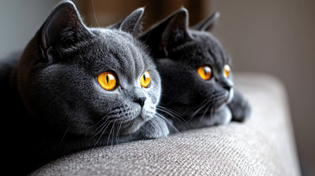 Two gray cats with striking orange eyes are lounging on a couch, showcasing their relaxed demeanor in soft natural light, perfect for cat lovers and pet photography.の素材