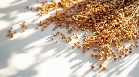 A detailed close-up image of dried seeds scattered on a white surface, illuminated by soft sunlight creating interesting shadows. Ideal for agriculture and organic themes.の素材