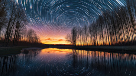 Experience the ethereal beauty of a starry night above a peaceful lake, capturing the mesmerizing movement of stars and the rich colors of twilight.の素材