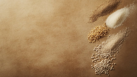 A visually appealing spread of various natural ingredients on a textured brown surface, ideal for culinary, health, and recipe-focused applications.の素材