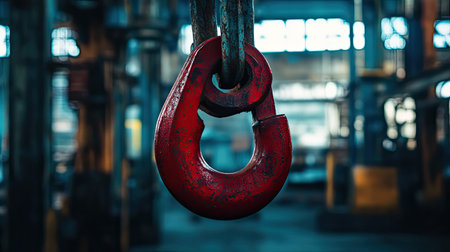 This close-up image features a red metal hook suspended from heavy chains, set against an industrial workshop background filled with machinery and tools.の素材