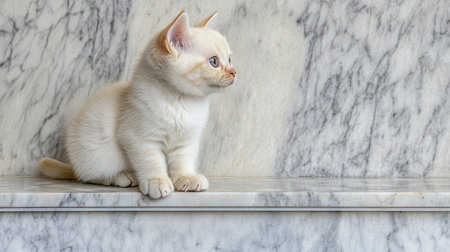 This charming fluffy cat with striking blue eyes sits elegantly on a polished marble surface. Its innocent appearance captures a serene and peaceful moment indoors.の素材
