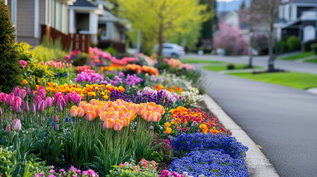 A picturesque view of a neighborhood street adorned with vibrant flower beds. Colorful tulips and other blooms create a cheerful spring atmosphere, inviting tranquility and natural beauty.の素材