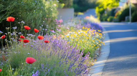 A stunning scene of diverse wildflowers blooming along a gentle road, showcasing bright colors and lush greenery under the warm sunlight, perfect for nature lovers.の素材