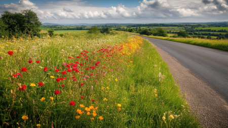 A picturesque countryside scene featuring a winding road adorned with colorful wildflowers, offering a serene escape into nature's beauty. The vibrant blossoms contrast beautifully against the expansive green fields under a clear blue sky dotted with fluffy clouds.の素材