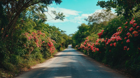 A peaceful road meanders through vibrant tropical flowers and lush greenery, creating a serene atmosphere perfect for nature lovers and travelers.の素材