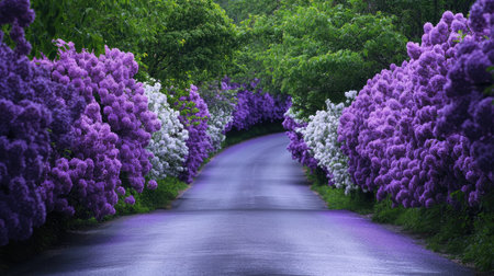 A picturesque road lined with vibrant lavender and white flowers creates a serene atmosphere, inviting peaceful strolls through nature's beauty during springtime.の素材