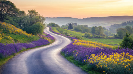 A tranquil winding road meanders through beautiful fields of lavender and daisies under a stunning sunset, capturing the essence of peaceful countryside beauty.の素材