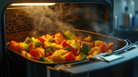 A mouthwatering display of colorful roasted vegetables in an air fryer, emitting steam in a contemporary kitchen, showcasing healthy cooking techniques.の素材
