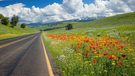 A stunning view of a winding road lined with vibrant wildflowers in various colors, under a bright blue sky filled with fluffy clouds. Perfect for nature lovers.の素材