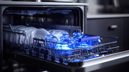 This image features a modern dishwasher filled with clean dishes and glassware, showcasing a sleek design and advanced technology in a contemporary kitchen setting.の素材