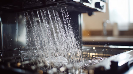 Water splashes vigorously inside a dishwasher during a cleaning cycle, showcasing modern kitchen technology and the efficiency of appliance design.の素材