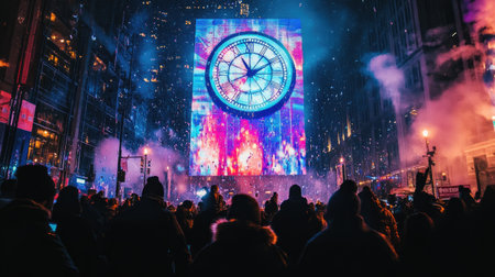 Experience a vibrant New Year countdown event in an urban setting, illuminated by colorful lights and accompanied by a lively crowd, creating a festive atmosphere.の素材