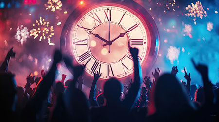 A vibrant scene showcasing a joyful crowd celebrating New Year's Eve, illuminated by fireworks and a countdown clock, capturing the excitement of the moment.の素材