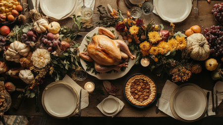 Celebrate the warmth of Thanksgiving with this beautifully arranged dinner table featuring a roasted turkey, seasonal flowers, and pumpkin decorations, creating a cozy atmosphere for family gatherings.の素材