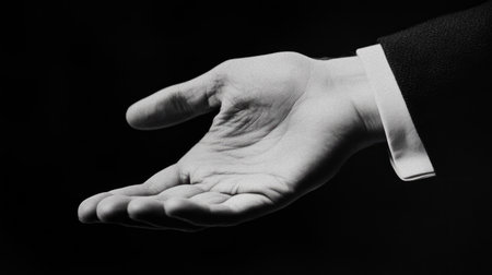 A striking black and white image featuring an elegant open hand, symbolizing invitation and connection, showcasing minimalist beauty and emotion.の素材