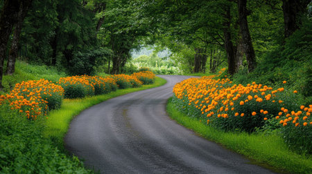 A beautiful winding country road leads through a lush green landscape adorned with vibrant orange flowers, creating a serene and picturesque atmosphere.の素材