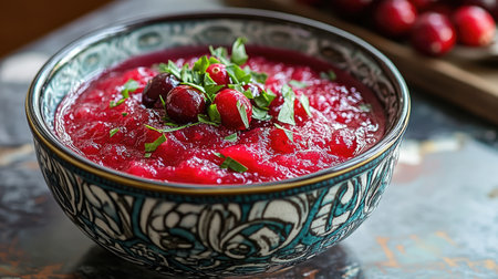 A vibrant bowl of freshly made cranberry sauce, beautifully garnished with herbs, showcasing its rich color and texture. Ideal for festive occasions.の素材