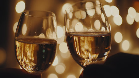 Two elegant glasses filled with sparkling wine clink together in a joyful toast, surrounded by a backdrop of soft, twinkling lights, capturing the essence of celebration.の素材