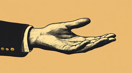 A vintage-style illustration of an elegant hand gesture reaching out, set against a neutral background, symbolizing support and communication in creative visual projects.の素材