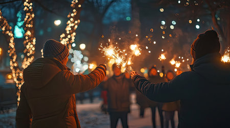 A captivating winter evening scene showcasing friends lighting sparklers in a park, surrounded by sparkling lights and festive decorations.の素材