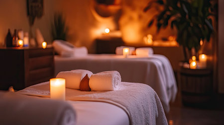 This tranquil spa interior features softly lit candles and neatly arranged towels, creating a soothing atmosphere for ultimate relaxation and rejuvenation.の素材