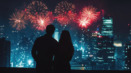 A captivating scene showcasing a couple silhouetted against a spectacular fireworks display over a vibrant city skyline, symbolizing love and celebration.の素材
