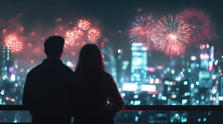 A romantic couple stands together, admiring a breathtaking fireworks display illuminating a vibrant city skyline at night, capturing the essence of celebration.の素材