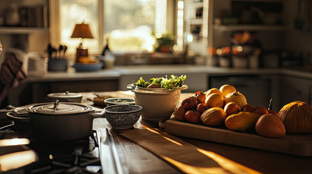 A bright and inviting kitchen scene showcasing a variety of fresh vegetables and fruits on a wooden counter, perfect for cooking enthusiasts.の素材