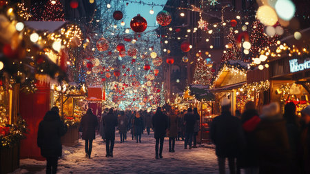 A vibrant holiday market scene captures the magic of winter evenings, adorned with colorful lights and decorations, filled with joyful crowds.の素材