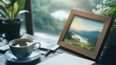 A serene workspace featuring a warm cup of coffee, a nature photo in a frame, and lush greenery, creating a tranquil atmosphere for relaxation.の素材