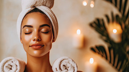 A young woman enjoying a pampering facial treatment in a serene spa environment, with candles flickering softly in the background. Her relaxed expression reflects bliss and tranquility, making it a perfect representation of self-care and wellness.の素材