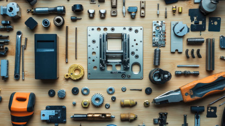 A comprehensive view showcasing an organized layout of various hand tools and mechanical parts on a wooden surface, ideal for DIY projects or crafting.の素材