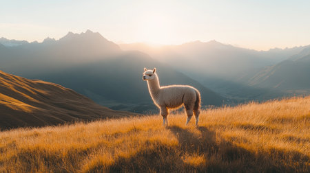 A tranquil scene featuring an alpaca standing gracefully on golden grasslands at sunrise, framed by majestic mountains, showcasing natural beauty and serenity.の素材