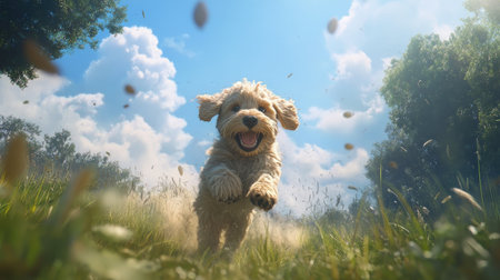 A cheerful puppy runs energetically through a vibrant green field under a bright blue sky filled with fluffy white clouds, embodying pure joy and freedom.の素材