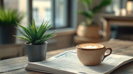 A warm and inviting scene featuring a cup of coffee with latte art, a newspaper, and a small potted plant on a rustic wooden table. Perfect for morning rituals.の素材