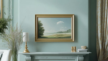 A serene interior scene showcasing a beautifully framed landscape painting on a soft green wall, complemented by elegant decor elements for a tranquil ambiance.の素材