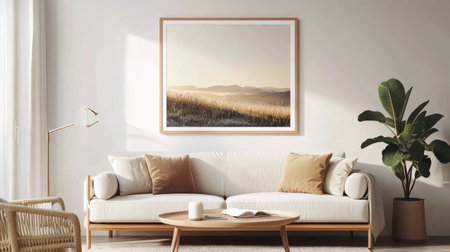 Bright and airy living room featuring a stylish couch, elegant decor, and serene landscape artwork enhancing the cozy atmosphere of the space.の素材